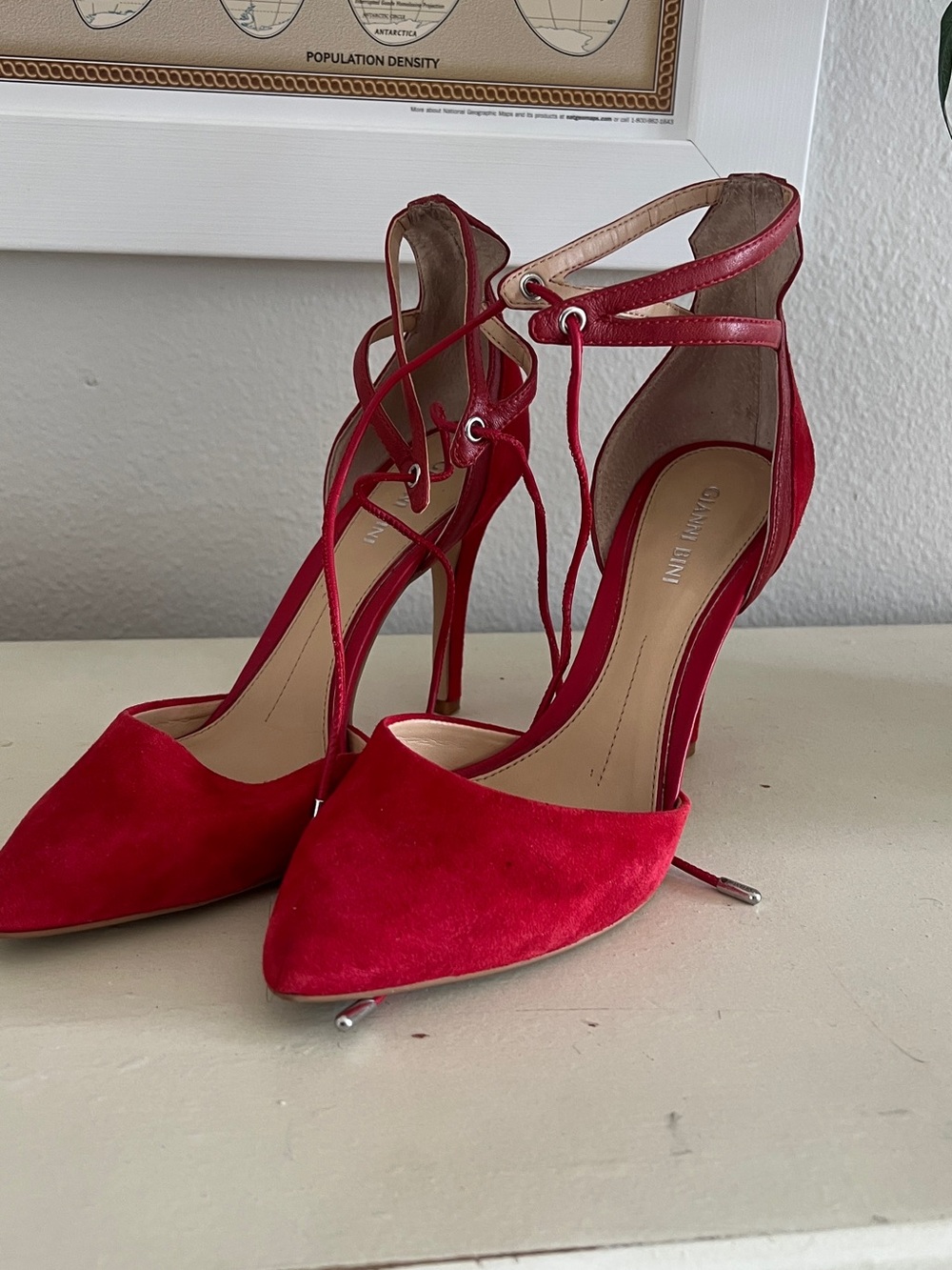 Gianni Bini Red Suede Lace-Up Pointed Toe Stiletto Heels
